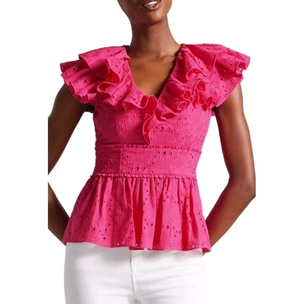 Ted Baker Mazieh Broderie Eyelet‎ Peplum Top Size 0 (US 2) Ruffle Sleeve Pink